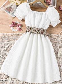 SHEIN 女孩泡泡袖繫腰帶連衣裙 - 白色 - 查看 2