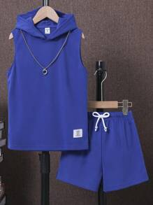 SHEIN Tween Boy Letter Patched Detail Hooded Tank Top & Drawstring Waist Shorts, School, Campus, College - Blue - View 8