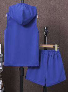 SHEIN Tween Boy Letter Patched Detail Hooded Tank Top & Drawstring Waist Shorts, School, Campus, College - Blue - View 2