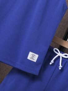 SHEIN Tween Boy Letter Patched Detail Hooded Tank Top & Drawstring Waist Shorts, School, Campus, College - Blue - View 5