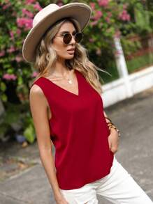 SHEIN LUNE Áo kiểu không tay trơn màu, phong cách thường ngày cho mùa hè. - Màu Đỏ Sâu - Xem 3
