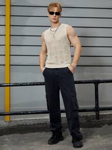 FeverCity Men Solid Pointelle Knit Sweater Vest - Apricot - View 3