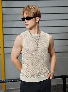 FeverCity Men Solid Pointelle Knit Sweater Vest - Apricot - View 5