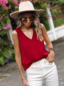 SHEIN LUNE Áo kiểu không tay trơn màu, phong cách thường ngày cho mùa hè. - Màu Đỏ Sâu - Xem 4