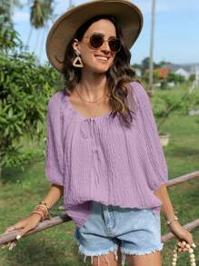 SHEIN LUNE Áo sơ mi nữ Thắt nơ trước màu trơn Giải trí - Màu Lilac Tím - Xem 1