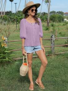SHEIN LUNE Áo sơ mi nữ Thắt nơ trước màu trơn Giải trí - Màu Lilac Tím - Xem 4