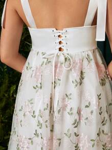 SHEIN Váy Bà bầu Lộ Lưng Thêu Thắt nút Ren lên Hoa Thanh lịch - trắng - Xem 3