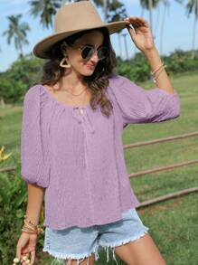 SHEIN LUNE Áo sơ mi nữ Thắt nơ trước màu trơn Giải trí - Màu Lilac Tím - Xem 6