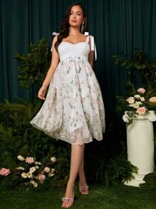 SHEIN Váy Bà bầu Lộ Lưng Thêu Thắt nút Ren lên Hoa Thanh lịch - trắng - Xem 6