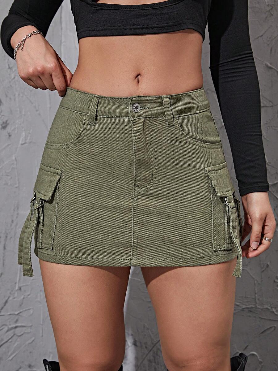 SHEIN EZwear Váy denim nữ Nút Túi Dây kéo màu trơn - xanh quân đội - Xem 1