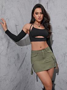 SHEIN EZwear Váy denim nữ Nút Túi Dây kéo màu trơn - xanh quân đội - Xem 4