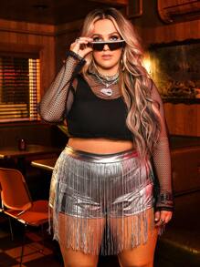 SHEIN Plus Fringe Trim Metallic Shorts - Silver - View 1