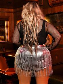 SHEIN Plus Fringe Trim Metallic Shorts - Silver - View 2