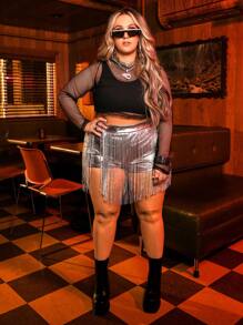 SHEIN Plus Fringe Trim Metallic Shorts - Silver - View 3
