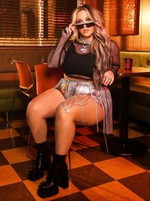 SHEIN Plus Fringe Trim Metallic Shorts - Silver - View 4