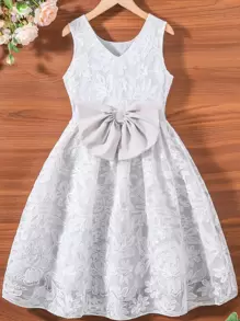 SHEIN Chicas Vestido con lazo delantero de malla con bordado - Gris Claro - Ver 1