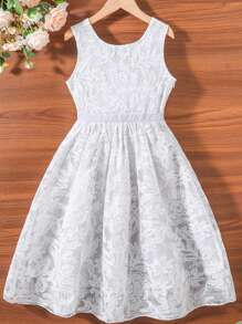 SHEIN Chicas Vestido con lazo delantero de malla con bordado - Gris Claro - Ver 2