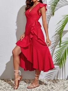 SHEIN Tall Đầm Thắt nút Xù Trọn gói màu trơn Boho - Đỏ - Xem 5