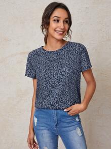 SHEIN LUNE Allover Print Round Neck Blouse - Navy Blue - View 1