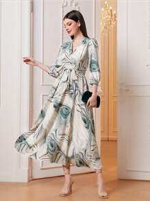 Modelyn Allover Print Lantern Sleeve Belted Dress - Multicolor - View 1