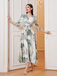 Modelyn Allover Print Lantern Sleeve Belted Dress - Multicolor - View 3
