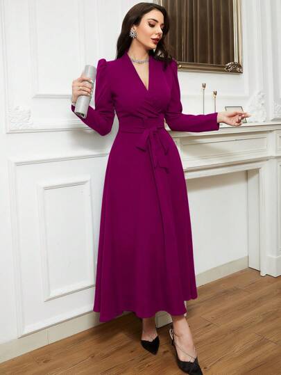 Modelyn Vestido largo de manga larga con detalle de envolvente y cinturón, vestido largo de noche modesto