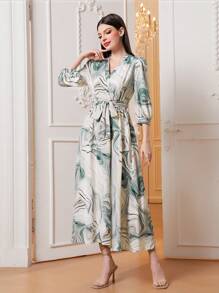 Modelyn Allover Print Lantern Sleeve Belted Dress - Multicolor - View 4