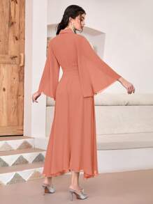 Modelyn 青果領荷葉袖腰部打褶洋裝 - 橘色 - 查看 2