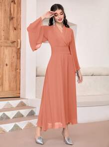 Modelyn 青果領荷葉袖腰部打褶洋裝 - 橘色 - 查看 3