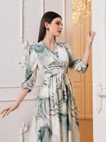 Modelyn Allover Print Lantern Sleeve Belted Dress - Multicolor - View 5