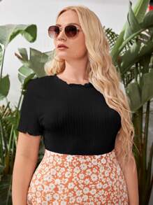 Modelyn 大碼木耳邊羅紋針織素色T恤