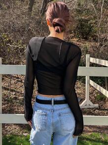 DAZY Solid Sheer Top Without Bra - Black - View 2