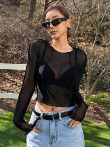 DAZY Solid Sheer Top Without Bra - Black - View 4