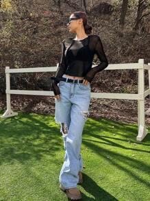 DAZY Solid Sheer Top Without Bra - Black - View 6