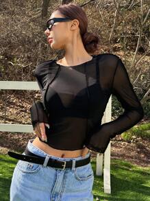DAZY Solid Sheer Top Without Bra - Black - View 7