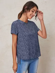 SHEIN LUNE Allover Print Round Neck Blouse - Navy Blue - View 5