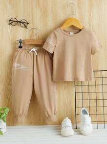 SHEIN Baby Boy Slogan Graphic Tee & Joggers - Khaki - View 8