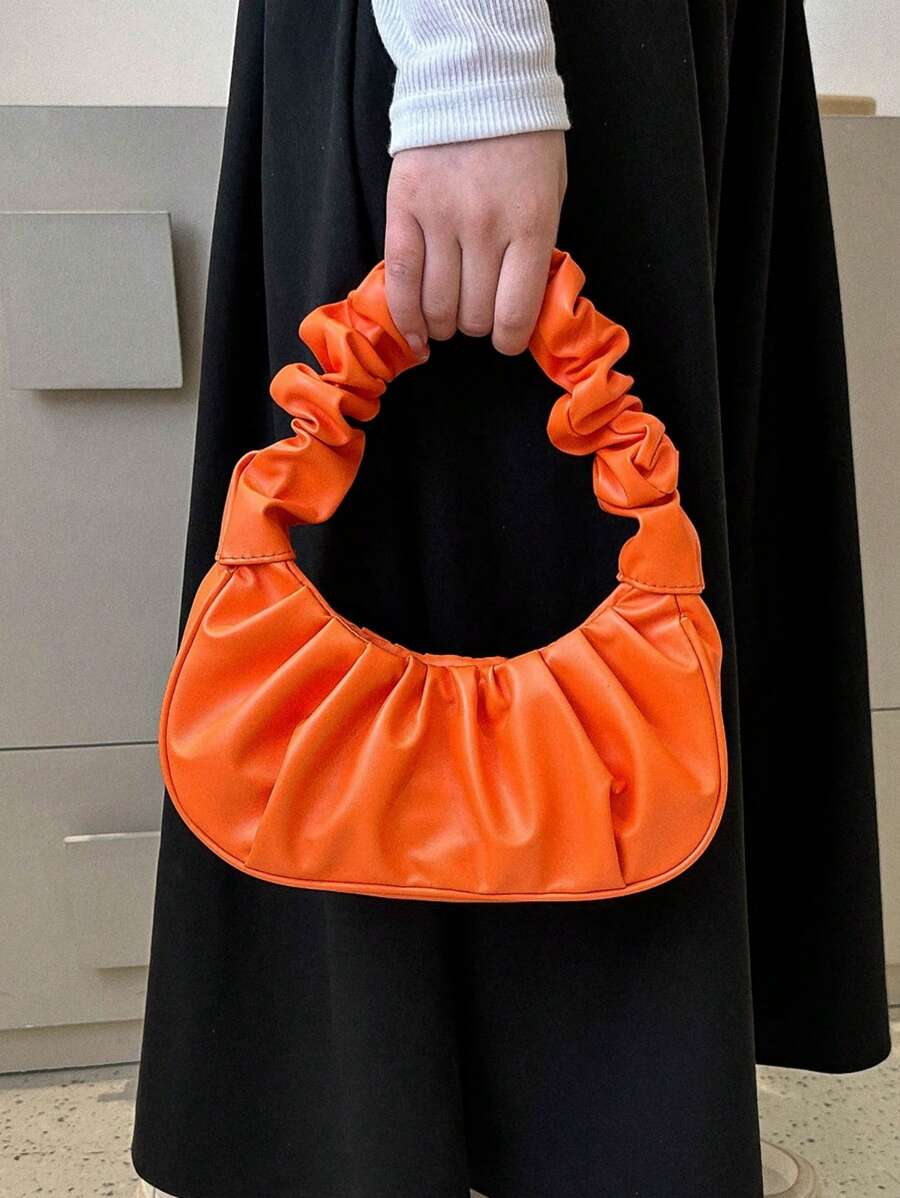 时尚新款高颜值云朵包褶皱小包纯色单肩腋下包女包百搭纯色手提包女包 - 橘色 - 查看 1