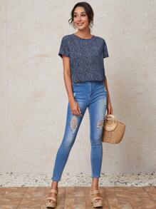 SHEIN LUNE Allover Print Round Neck Blouse - Navy Blue - View 4