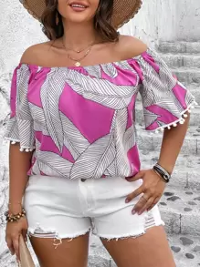SHEIN Holidaya Plus Tropical Print Off Shoulder Pompom Trim Blouse - Multicolor - View 1