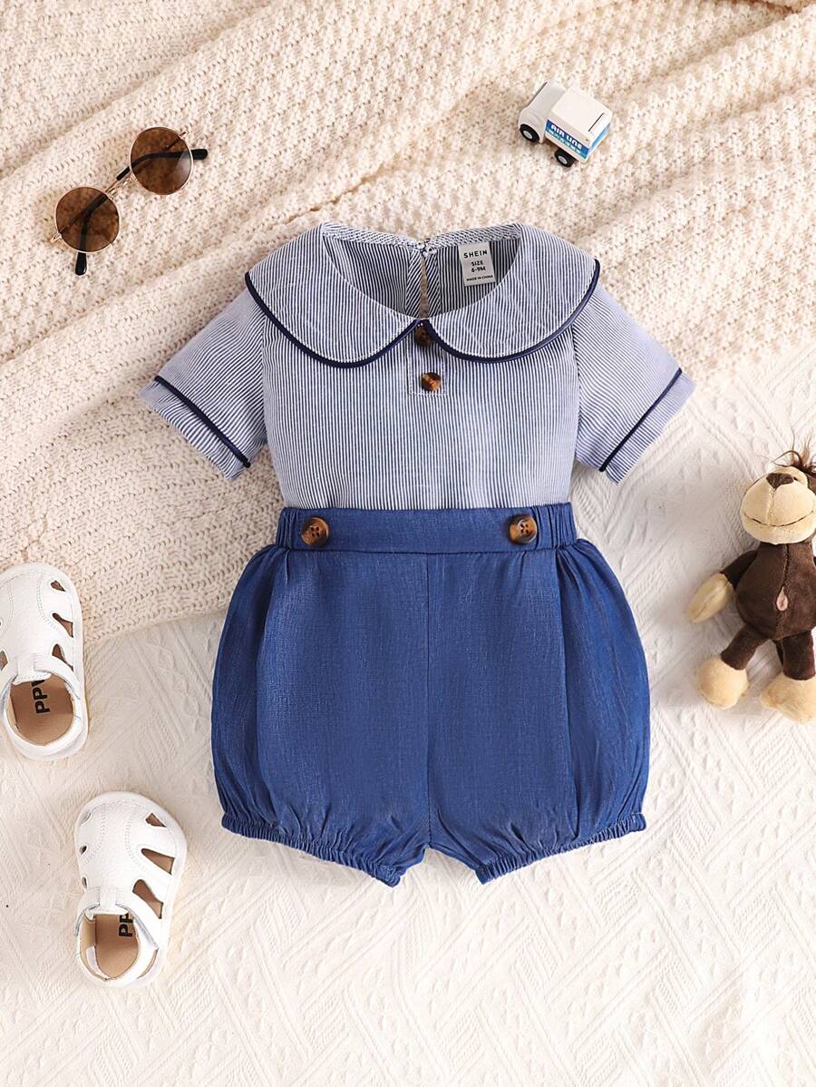 SHEIN Baby Boy Contrast Binding Peter Pan Collar Top & Shorts - Multicolor - View 1