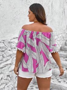 SHEIN Holidaya Plus Tropical Print Off Shoulder Pompom Trim Blouse - Multicolor - View 2