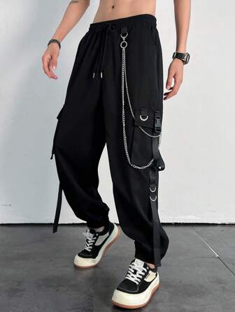 Manfinity EMRG Men Chain Detail Flap Pocket Side Cargo Pants, Long Cargo Slacks Black Pants, For Husband, Boyfriend Gifts, Fall