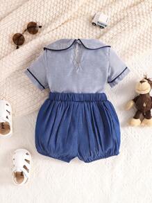 SHEIN Baby Boy Contrast Binding Peter Pan Collar Top & Shorts - Multicolor - View 2