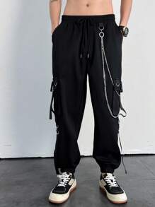 Manfinity EMRG Men Chain Detail Flap Pocket Side Cargo Trousers - Black - View 3