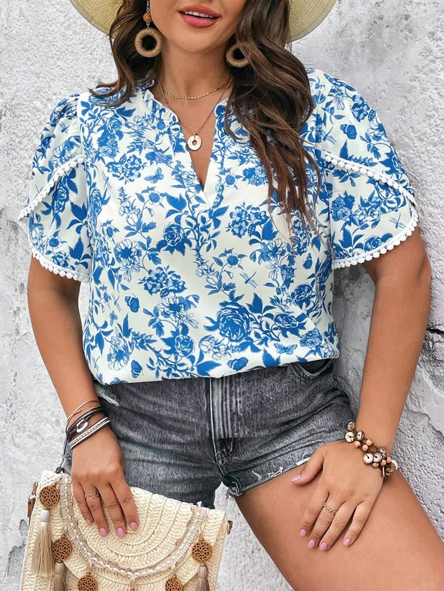 SHEIN Holidaya Plus Floral Print Petal Sleeve Blouse - Blue and White - View 1