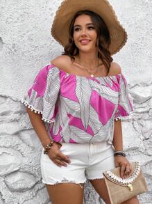 SHEIN Holidaya Plus Tropical Print Off Shoulder Pompom Trim Blouse - Multicolor - View 4