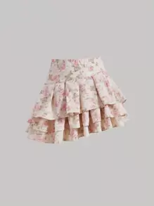 SHEIN MOD Allover Floral Print Asymmetrical Layered Hem Skirt - Multicolor - View 1