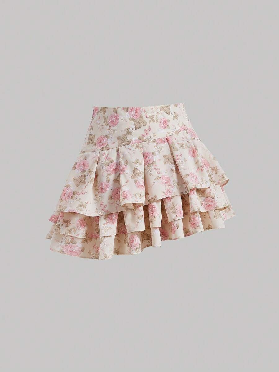 SHEIN MOD Allover Floral Print Asymmetrical Layered Hem Skirt - Multicolor - View 1