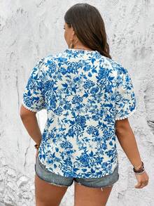 SHEIN Holidaya Plus Floral Print Petal Sleeve Blouse - Blue and White - View 2